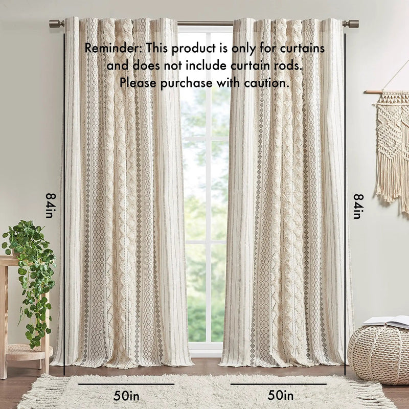 Cotton Printed Curtain Panel with Chenille Stripe and Lining Ivory 50x84 by HouseOfZazla