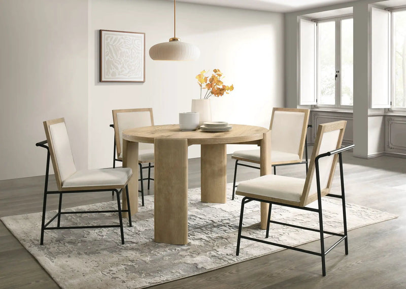 Bowen - Round Dining Table With Cream Color Upholstered Chairs (Set of 5) - Oak Finish by Unique Piece Furniture