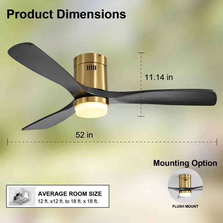 Flush Mount Ceiling Fan With 3 Solid Wood Blades Remote Control Reversible DC Motor For Living Room - Gold by HouseOfZazla