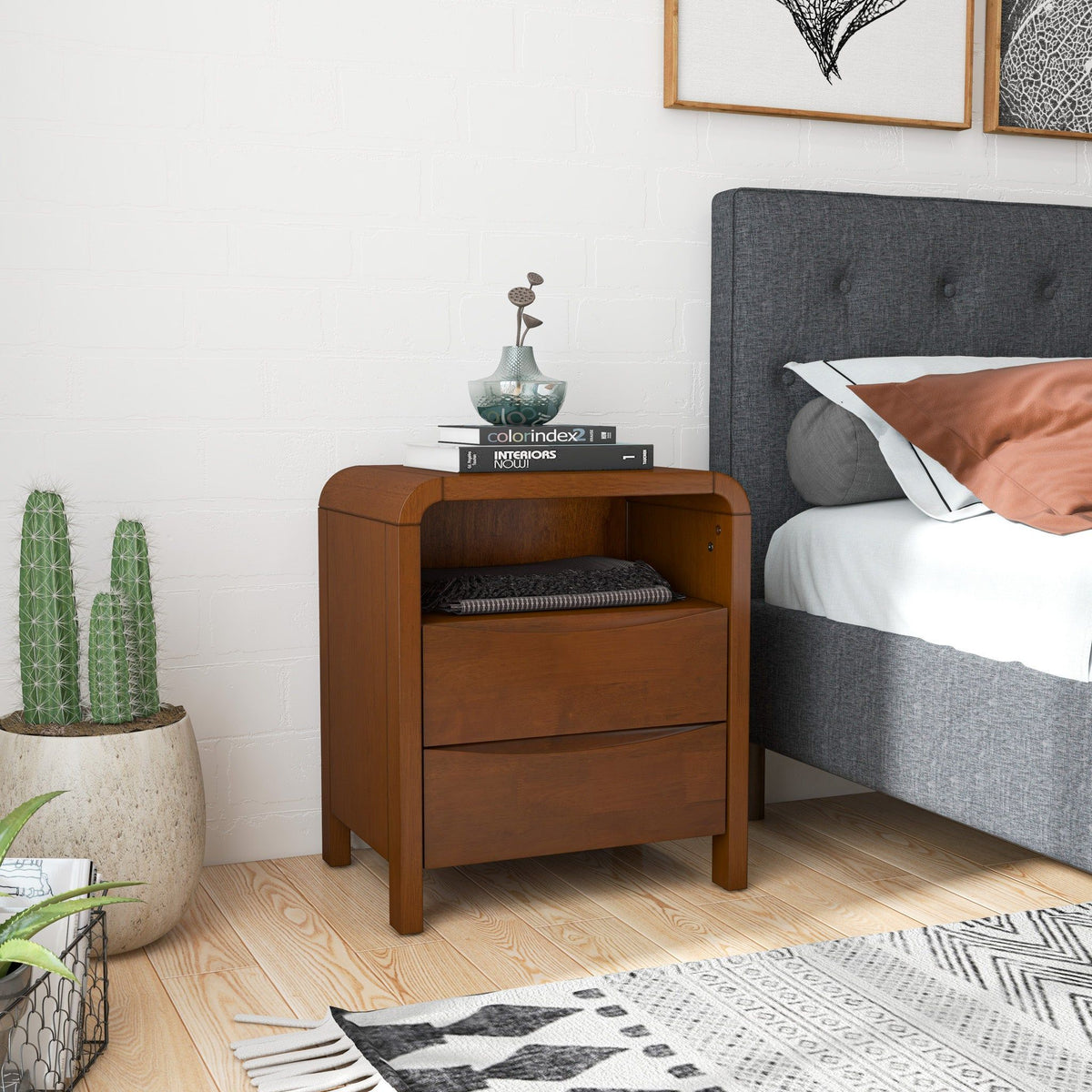 Brown 2-Drawer Nightstand with Solid Wood Construction, photo 2 of 13