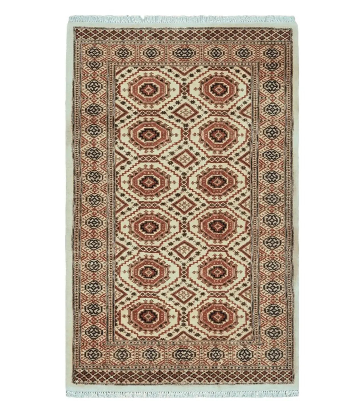 4' X 7' Vintage Handmade Pakistani Turkoman Bokhara Balouch Woven Wool Rug Ivory by Jewel Rugs