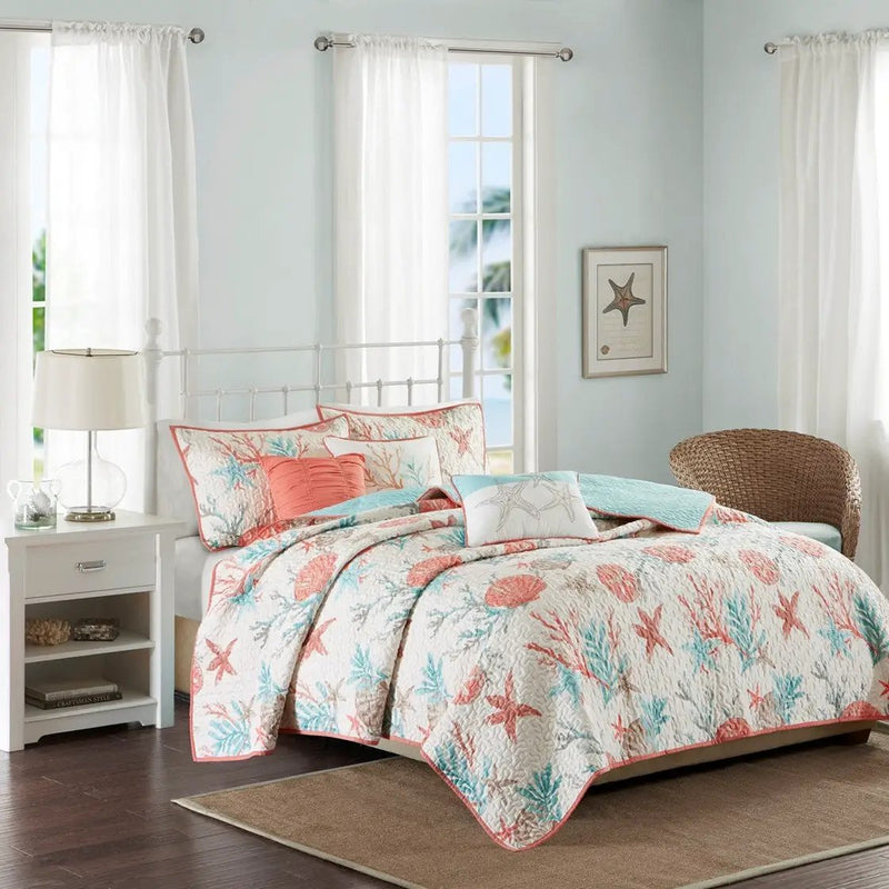 6 Piece Cotton Sateen Quilt Set with Throw Pillows Coral Full/Queen by HouseOfZazla