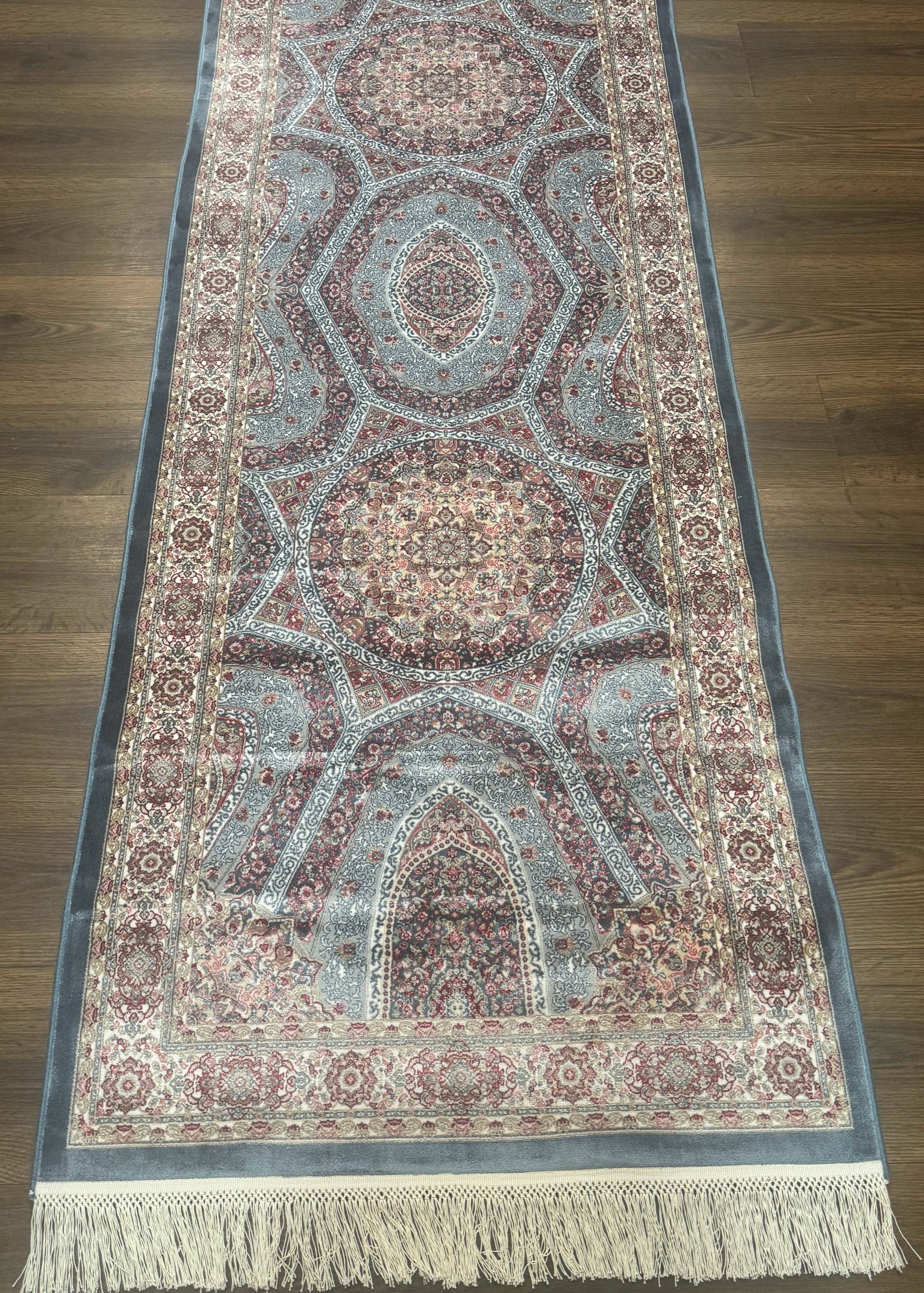 Turkish Silk Runner Rug 2.6 x 13, Blue Runner Rug, Dome Design, Bamboo Silk, New by Jewel Rugs