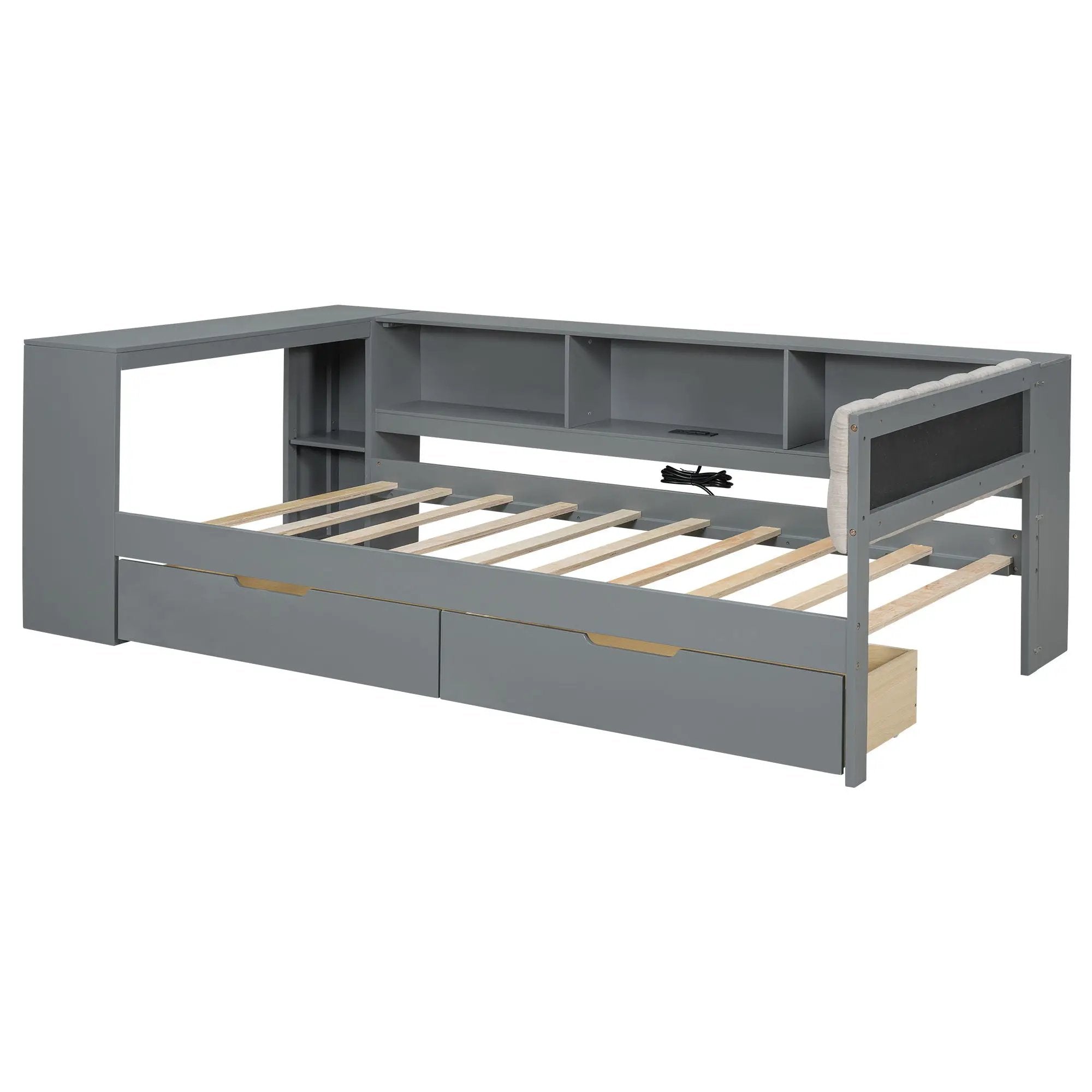 Upholstered Headboard Platform Bed With Storage Shelves, Drawers, Charging Station