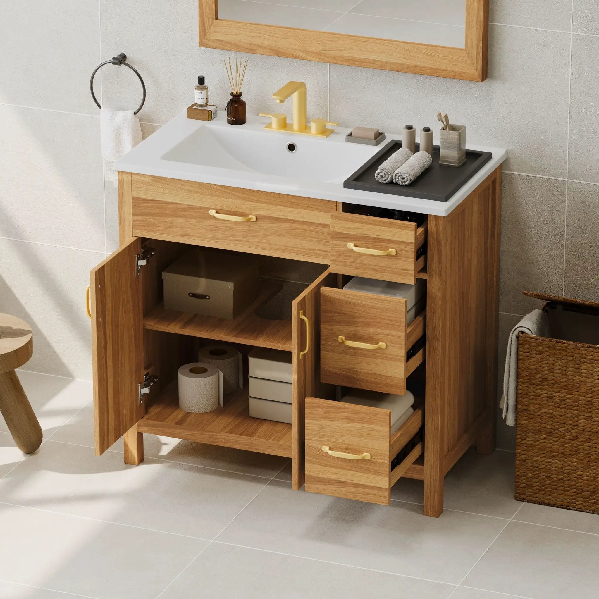 Bathroom Vanity, 2 Soft Close Doors, 3 Soft Close Drawers, Adjustable Shelf - Wood by HouseOfZazla