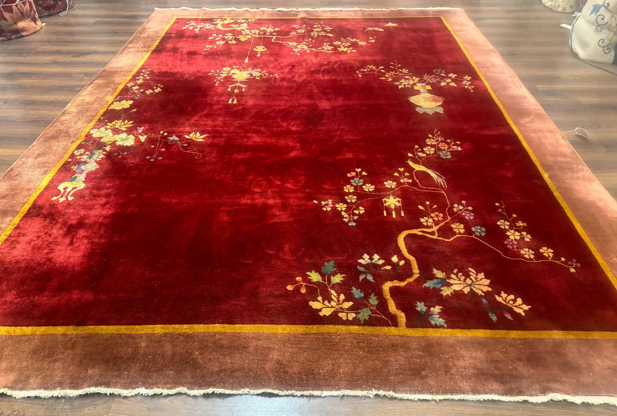 Red Chinese Art Deco Rug 9x11, Simple Design, Wool Chinese Area Rug, Antique by Jewel Rugs