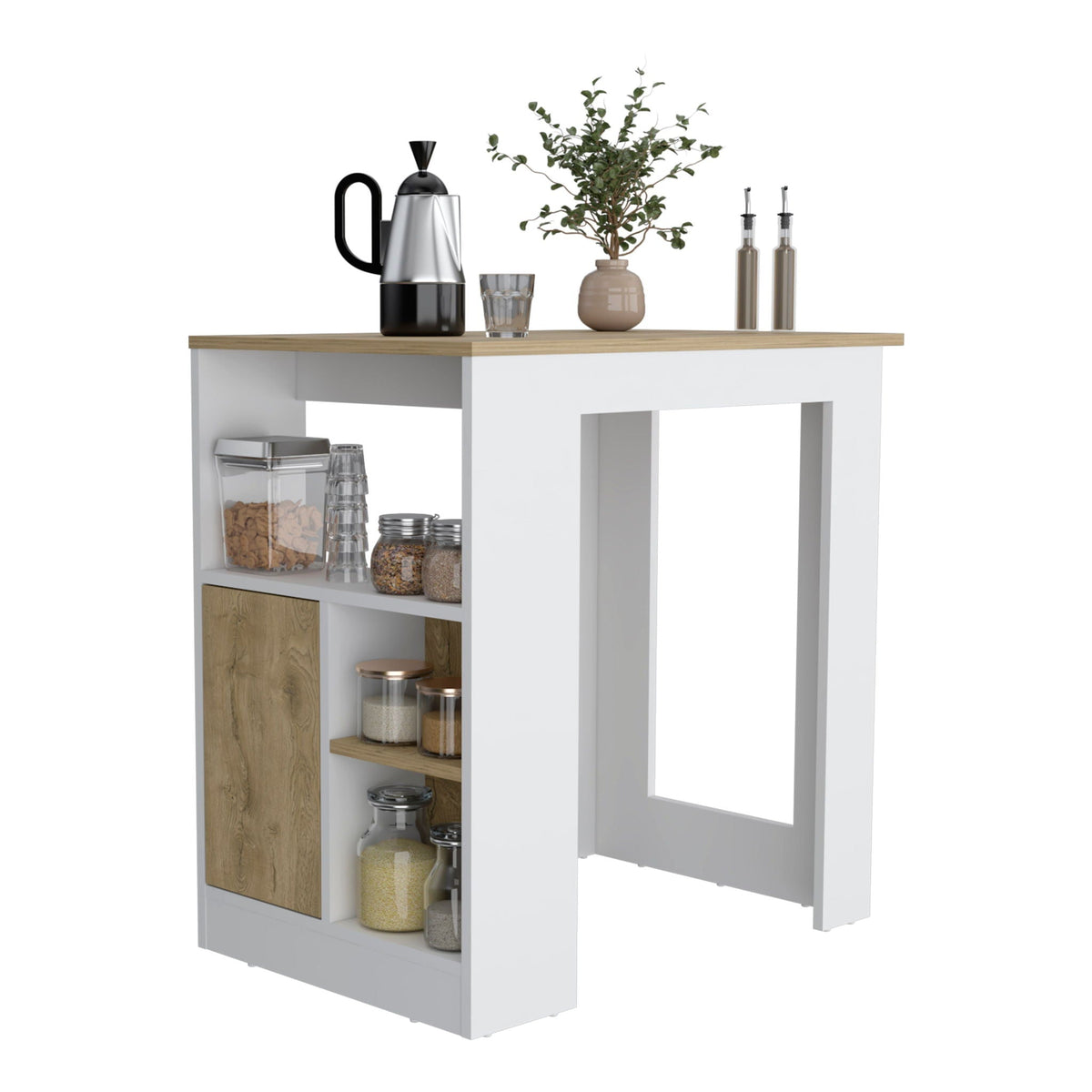 White Wood Kitchen Island with Three Open Shelves and Push-To-Open Cabinet, photo 2 of 4