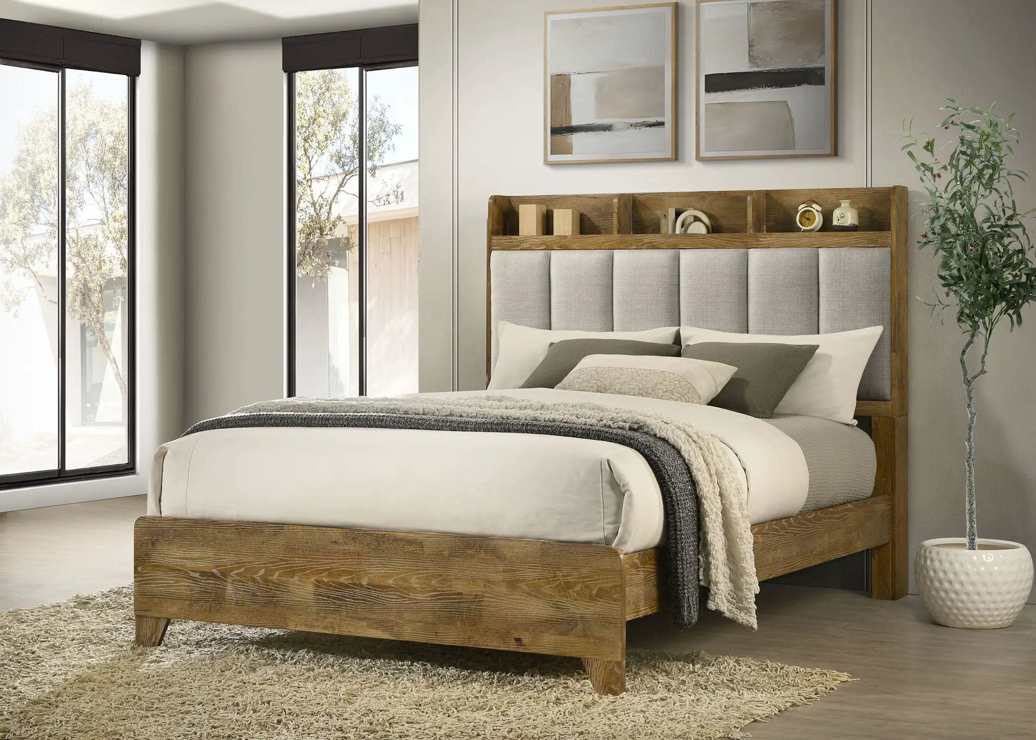 Henderson 57-inch Queen Bookcase Panel Bed Medium Oak by Unique Piece Furniture