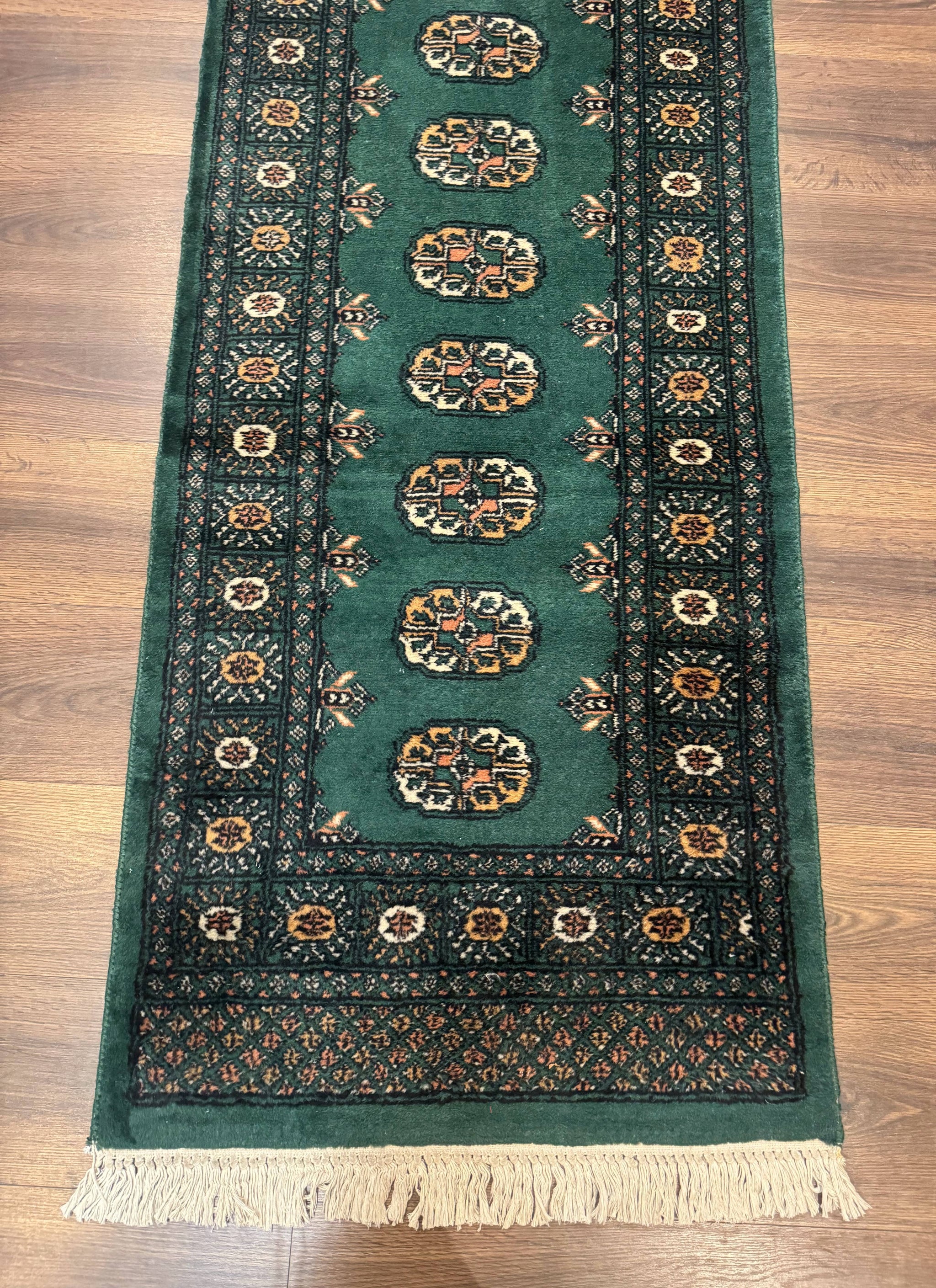 Pakistani Bokhara Runner Rug 2.5 x 11, Green Turkoman Wool Runner for Hallway by Jewel Rugs
