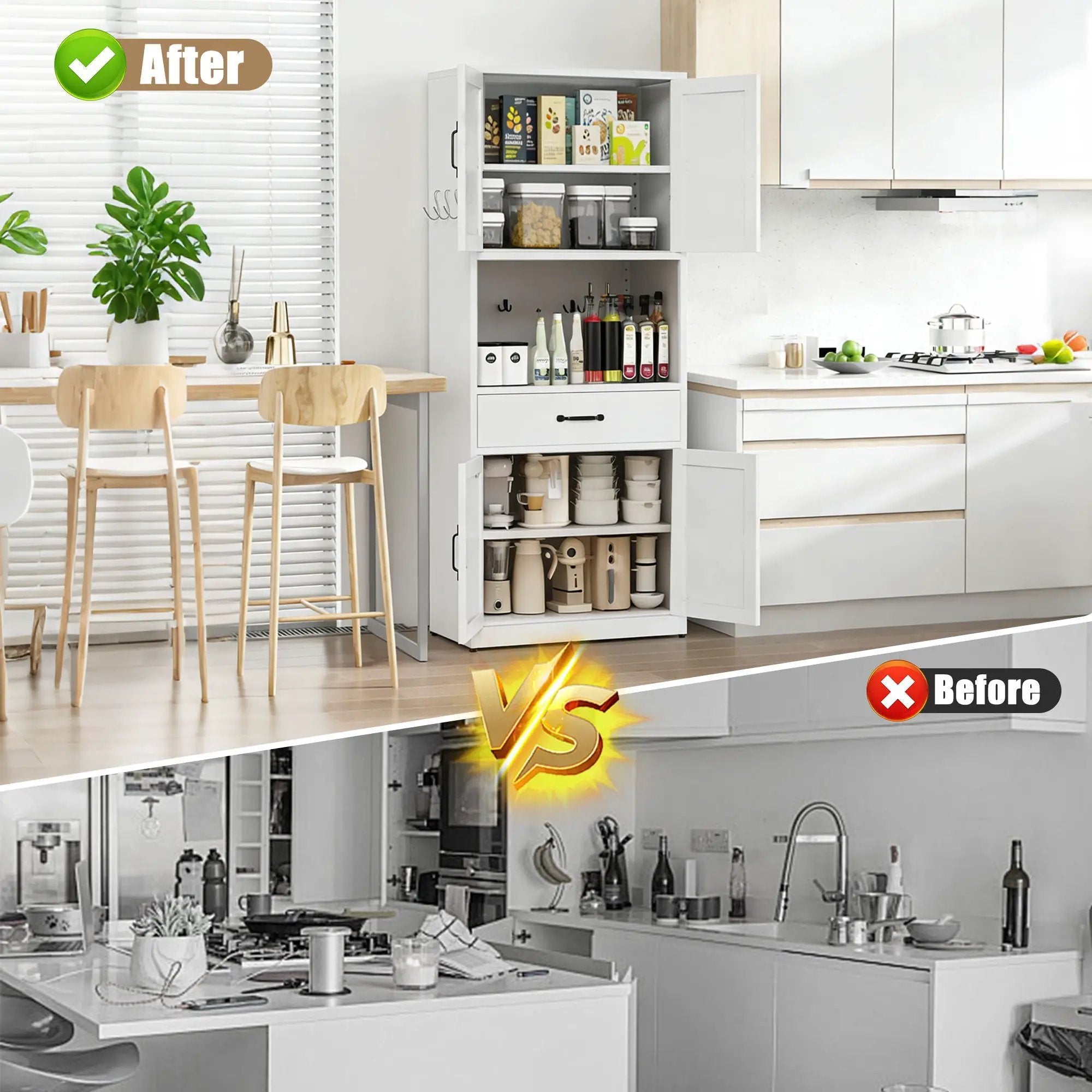 Kitchen Pantry Cabinet With Adjustable Shelves, Drawers, Hooks And Large Countertop - White by Unique Piece Furniture