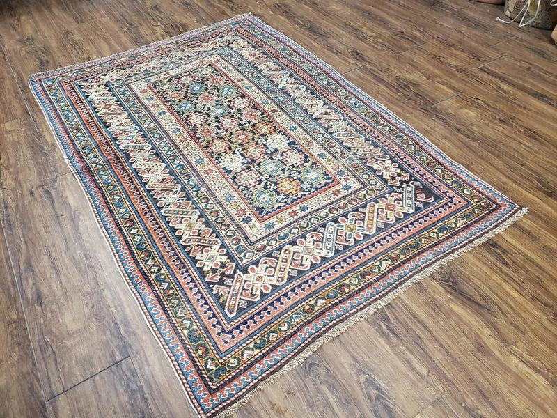 Caucasian Rug 3'9" x 5'7", Antique 1920s Collectible Caucasian Chi Chi Carpet, Hand Knotted, Colorful, Dark Blue Cream Red, Wool, Small Rug by Jewel Rugs