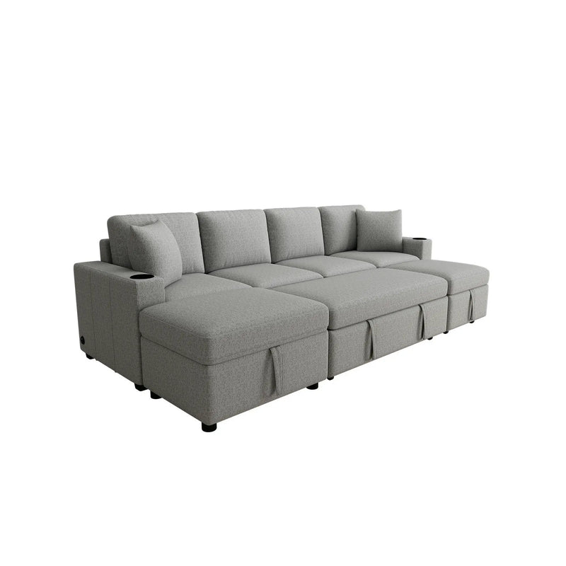 Sectional Sofa Convertible Pull-Out Bed With Storage Ottoman & USB Ports by Unique Piece Furniture