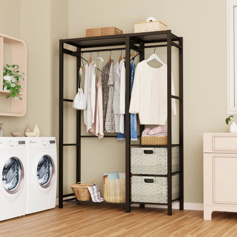 Garment Rack With Shelves, 2 Wicker Drawers, 4 Hooks, Organizer by Unique Piece Furniture