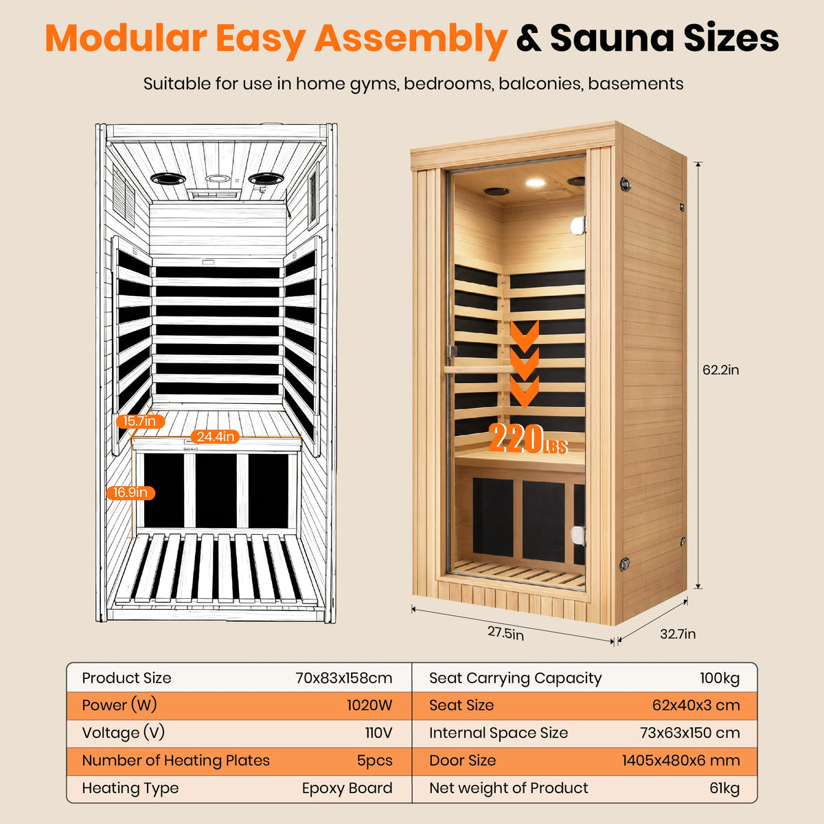 1020W Canadian Hemlock Single Mini Far Infrared Sauna Room, photo 7 of 10