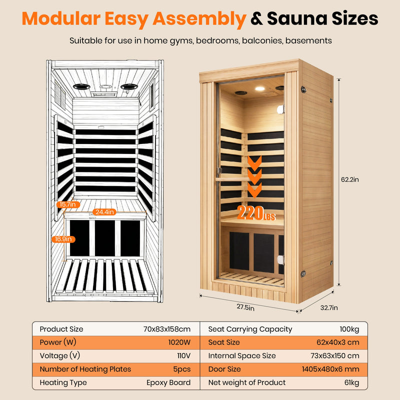 1020W Canadian Hemlock Single Mini Far Infrared Sauna Room, photo 7 of 10