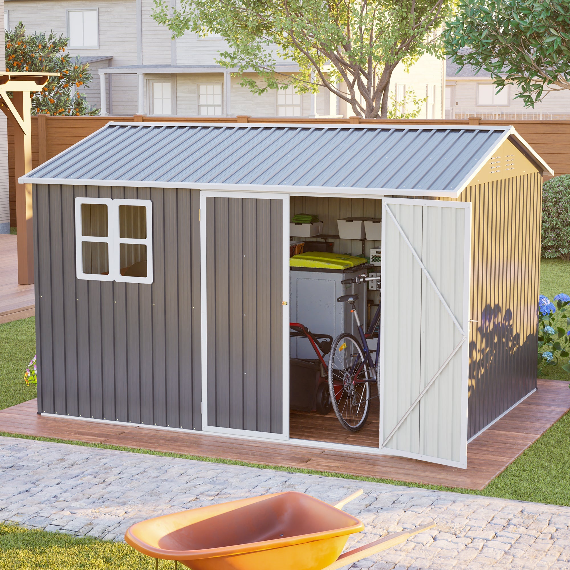 10'x8' Oversized Steel Storage Shed with Window and Lockable Doors by HouseOfZazla