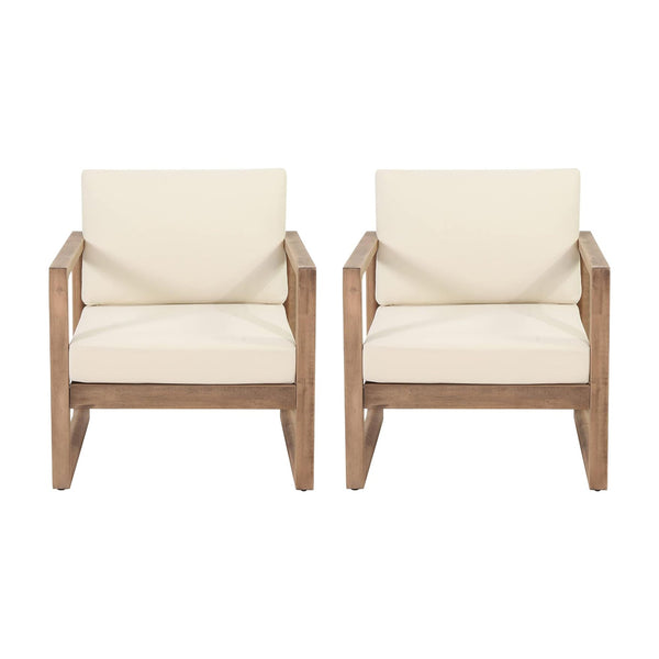 Set of 2 Outdoor Acacia Wood Patio Club Chairs with Beige Cushions