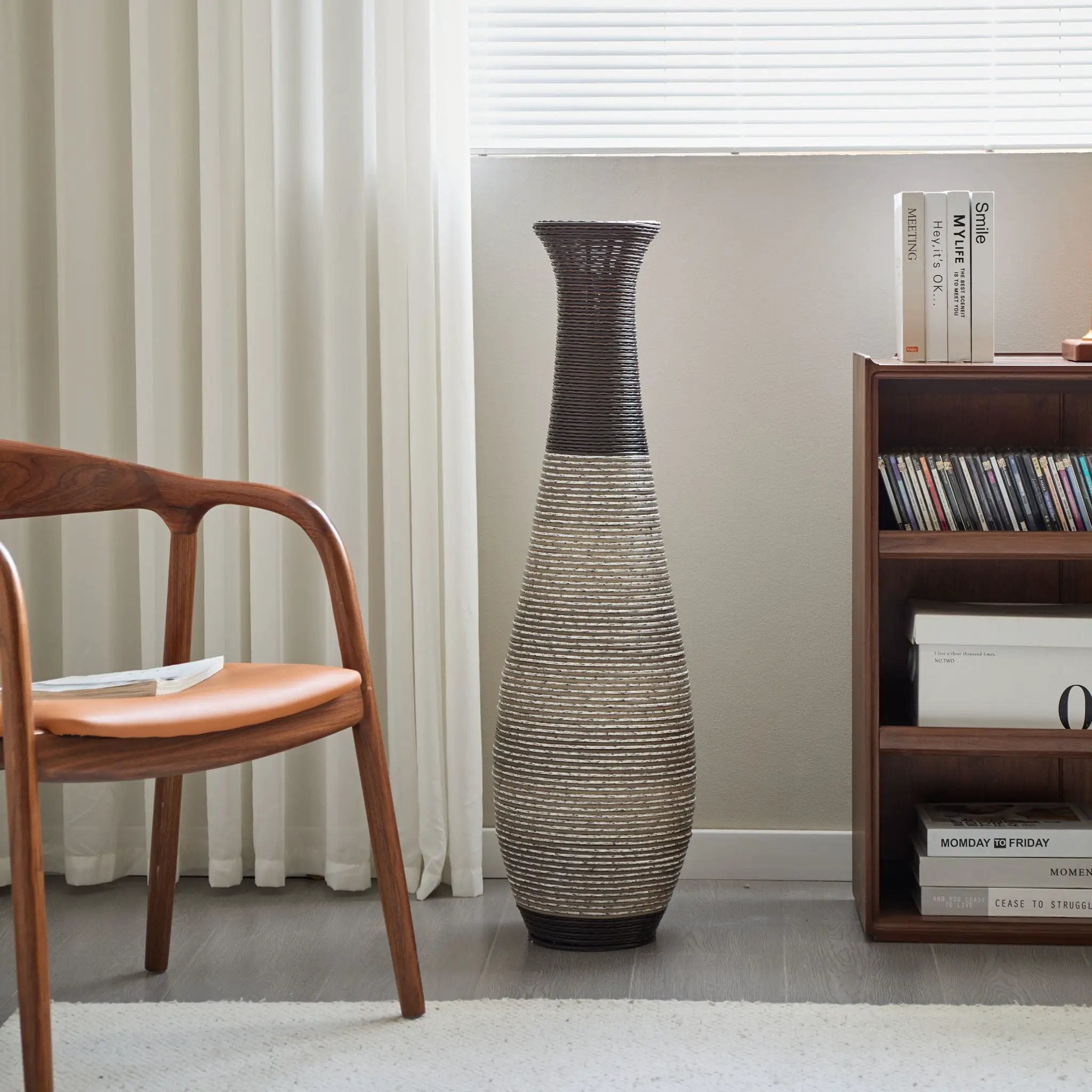Tall Standing Designer Floor Vase Durable Artificial Rattan Elegant 2 Tone Finish Ideal Decor Accent For Living Room, Bedroom, Entryway Stylish Home Decor Statement Piece - Black / Gray by HouseOfZazla