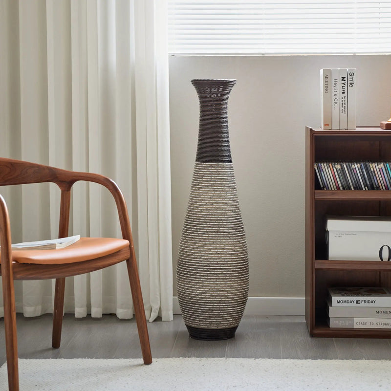 Tall Standing Designer Floor Vase Durable Artificial Rattan Elegant 2 Tone Finish Ideal Decor Accent For Living Room, Bedroom, Entryway Stylish Home Decor Statement Piece - Black / Gray by HouseOfZazla