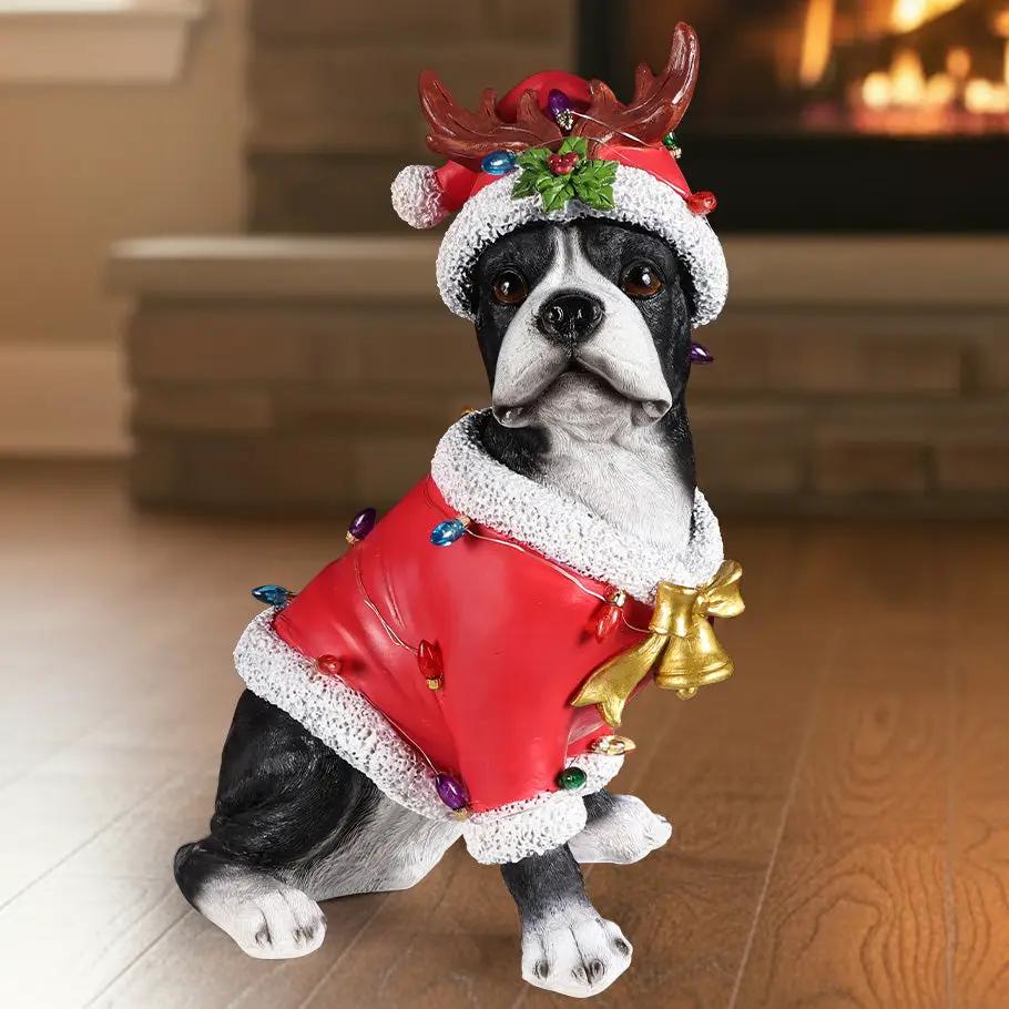 Christmas Boston Terrier Statue, Holiday Dog Figurine in Santa Outfit by HouseOfZazla