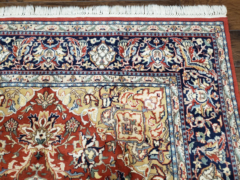 Vintage Indo Persian Oriental Rug 6 x 9.6, Wool Hand-Knotted Red Dark Blue & Gold Indian Carpet, 6 x 9 Office Room Rug, Floral Medallion by Jewel Rugs