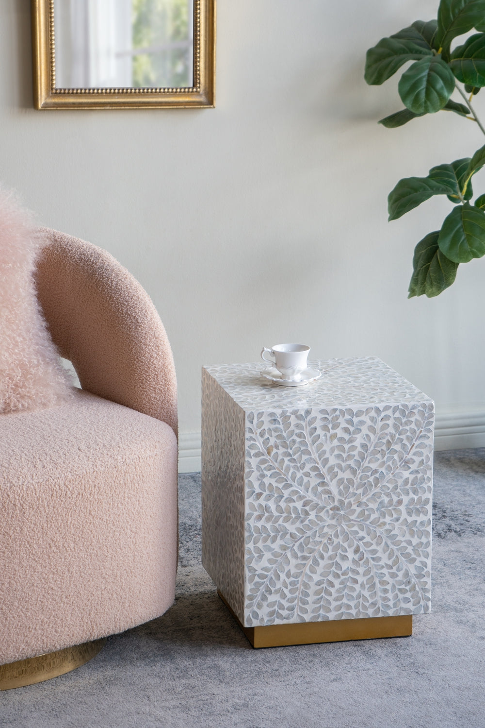 14" Square Accent Stool With Capiz Shell Finish