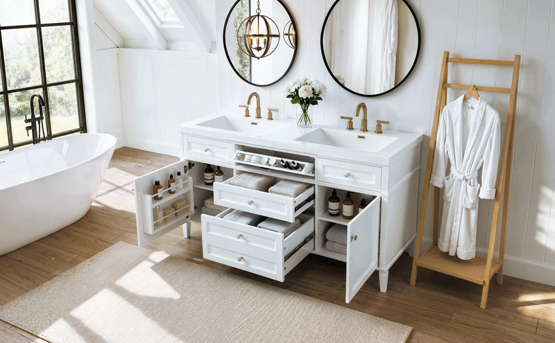 59.1" Modern Bathroom Vanity with Resin Sink and Soft-Close Storage - White, photo 9 of 10
