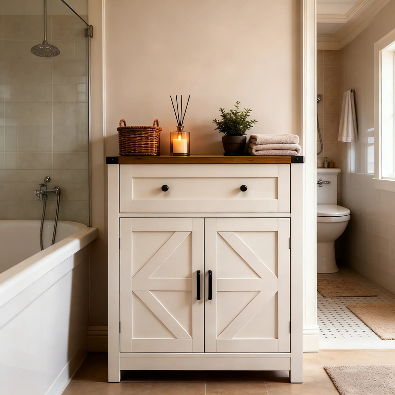 White & Wood-Grain Top Farmhouse Barn-Door Storage Cabinet by HouseOfZazla