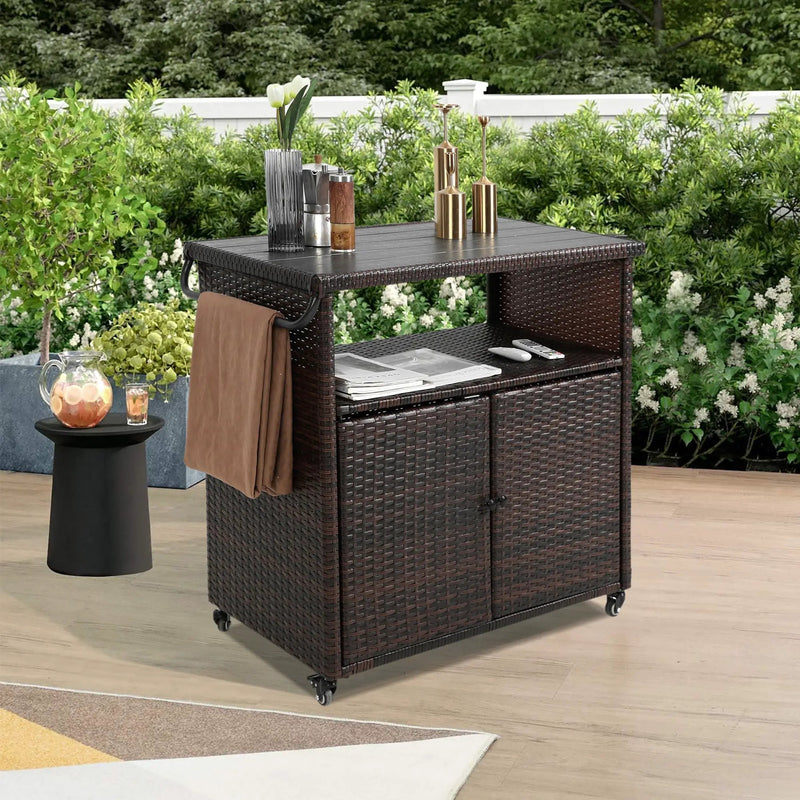 Outdoor Wicker Bar Cart with Glass Top and Wheels - Light Brown by HouseOfZazla