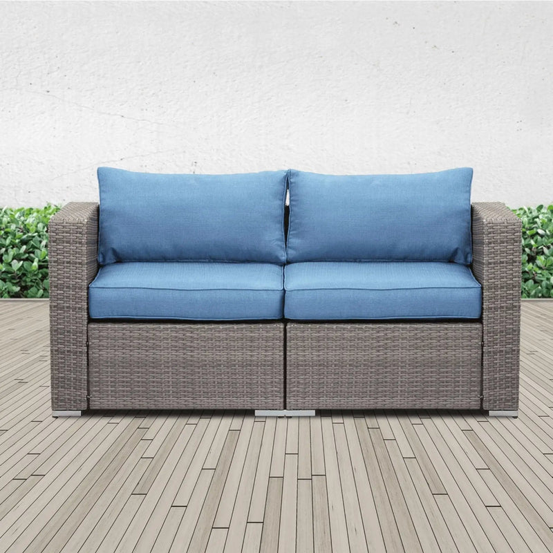 2 Piece Patio Loveseat Set With Thick Cushions, Outdoor Sectional Sofa For Balcony - Blue / Brown by HouseOfZazla