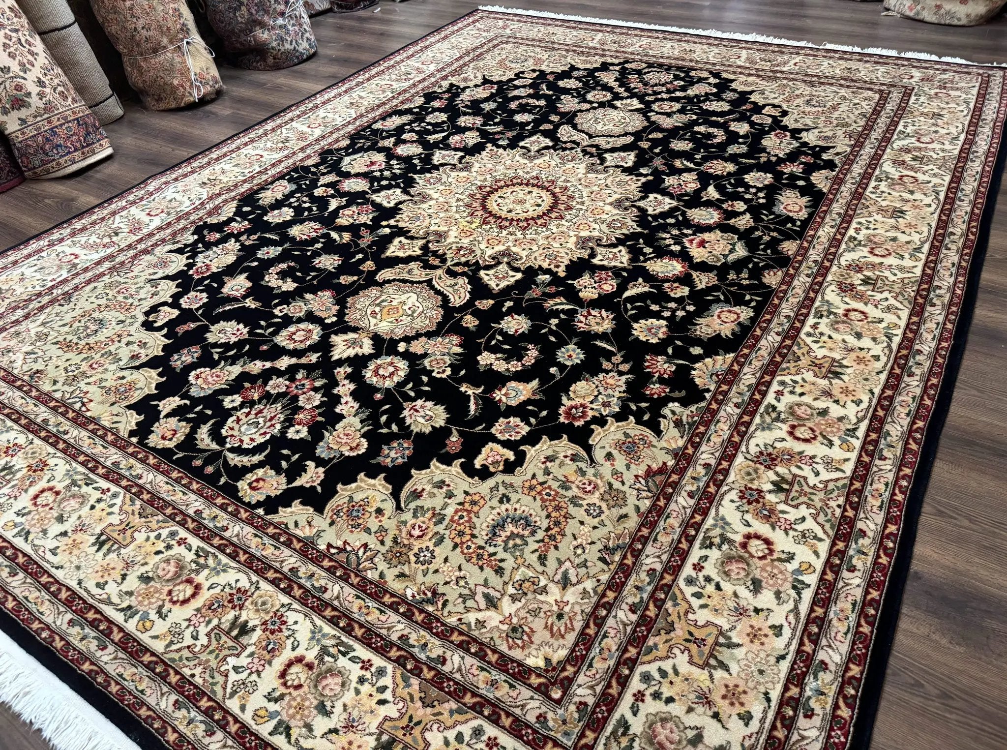 Sino Persian Rug 9x12, Black and Beige, Floral Medallion, Wool & Silk, Handmade by Jewel Rugs