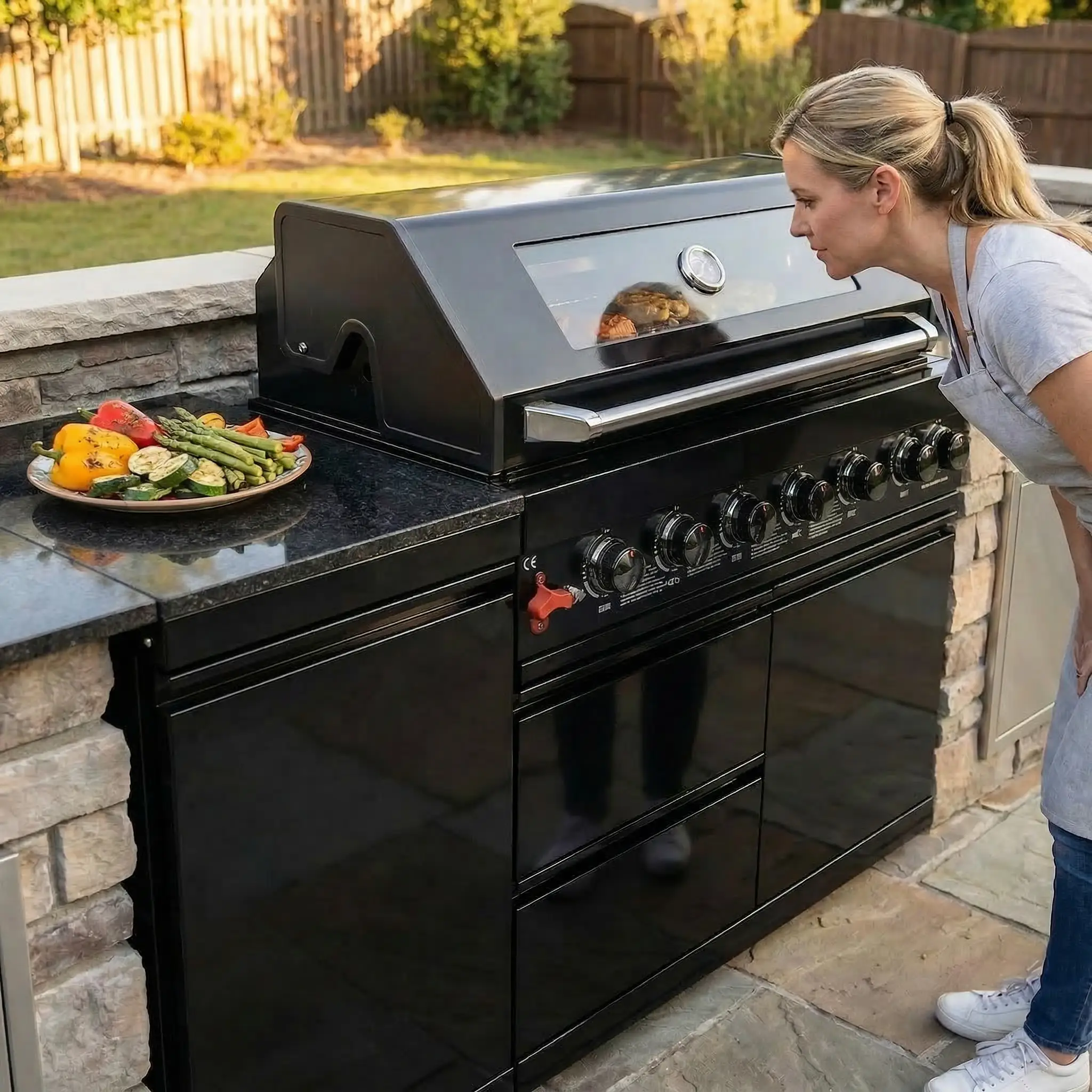 63" 6-Burner 85,000 BTU Black Outdoor Kitchen Island Grill + Marble Countertops by Chery Industrial