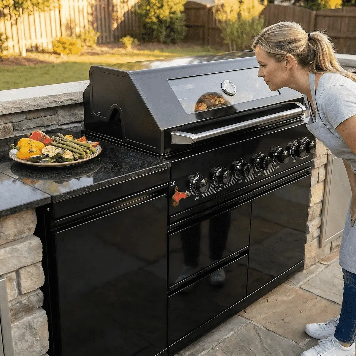 63" 6-Burner 85,000 BTU Black Outdoor Kitchen Island Grill + Marble Countertops by Chery Industrial
