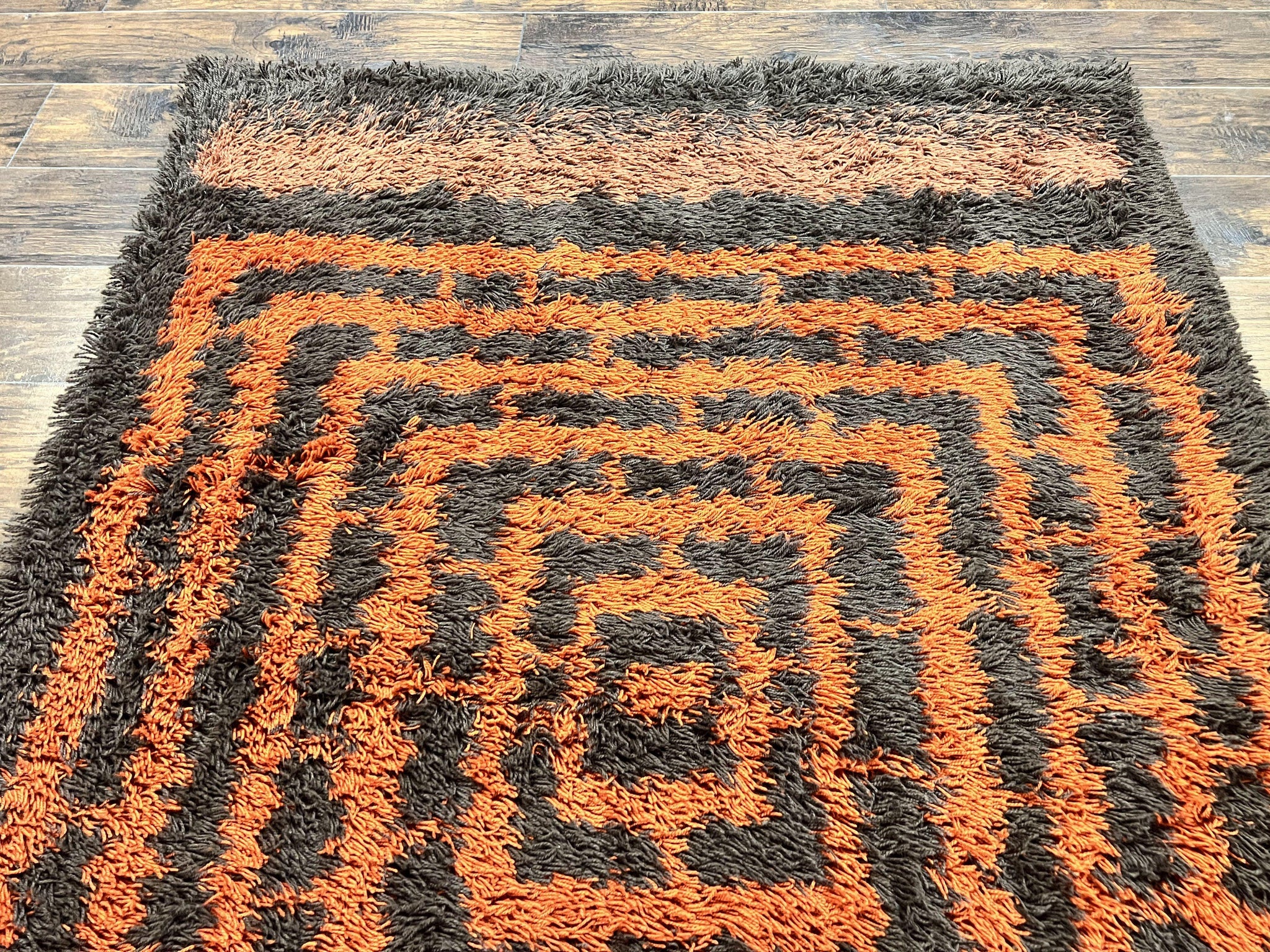 Vintage Rya Shag Rug 4.6 x 6.6, Abstract Design, Brown and Orange, Mid Century Danish Rya Carpet by Jewel Rugs