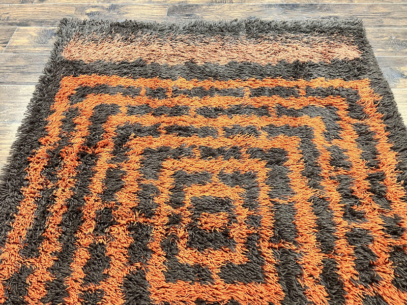 Vintage Rya Shag Rug 4.6 x 6.6, Abstract Design, Brown and Orange, Mid Century Danish Rya Carpet by Jewel Rugs