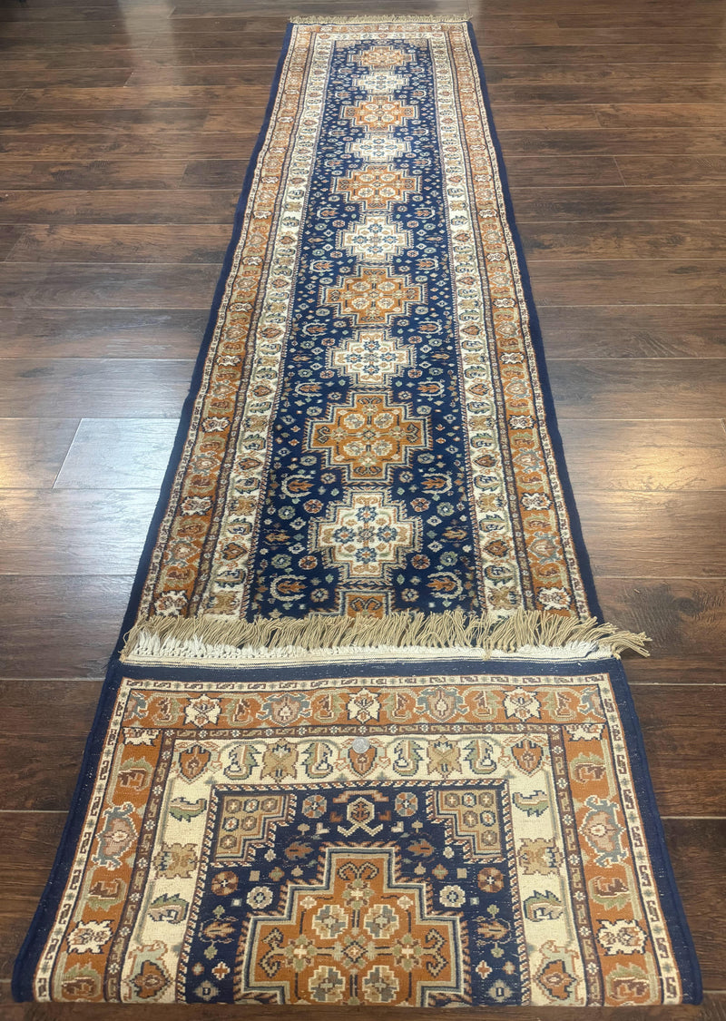 Indo Persian Runner Rug 2.6 x 12.7, Indian Kashmiri Runner for Hallway or Kitchen, Navy Blue, Geometric Medallions, Handmade Wool by Jewel Rugs