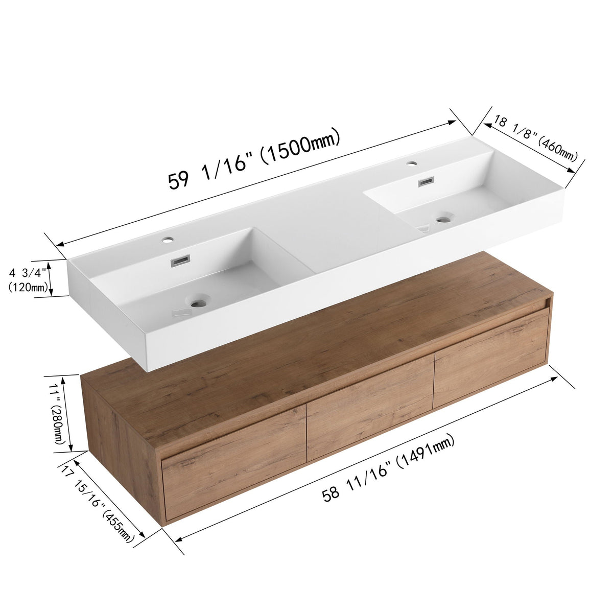 Contemporary Wall Mounted Bathroom Vanity With Dual Resin Sink And Soft Close Drawer, photo 3 of 8