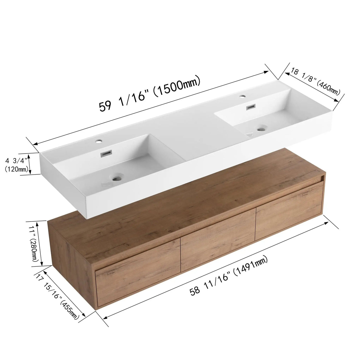 Contemporary Wall Mounted Bathroom Vanity With Dual Resin Sink And Soft Close Drawer by HouseOfZazla