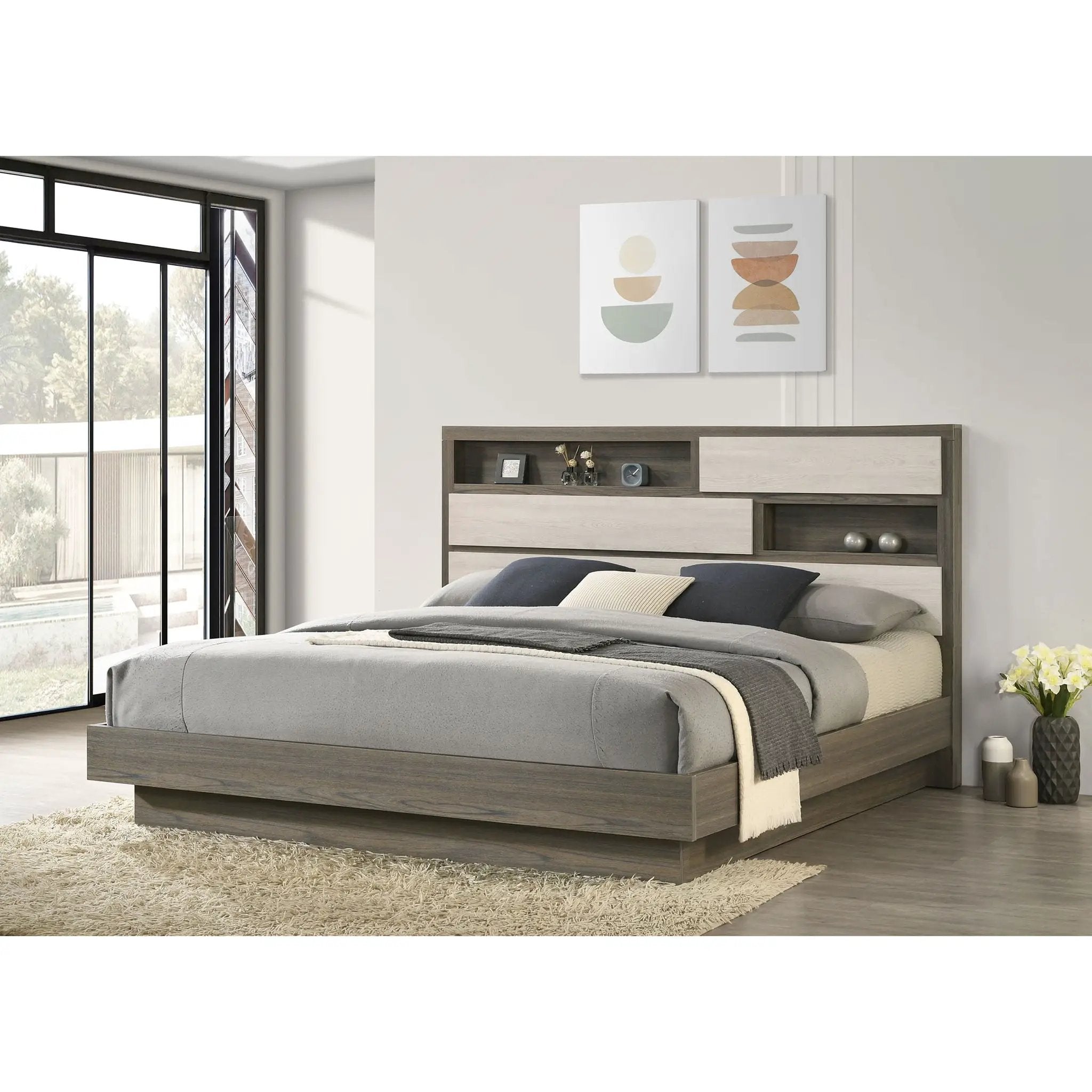 Eastern King Bed Bookcase Headboard With Hidden Storage - Oak