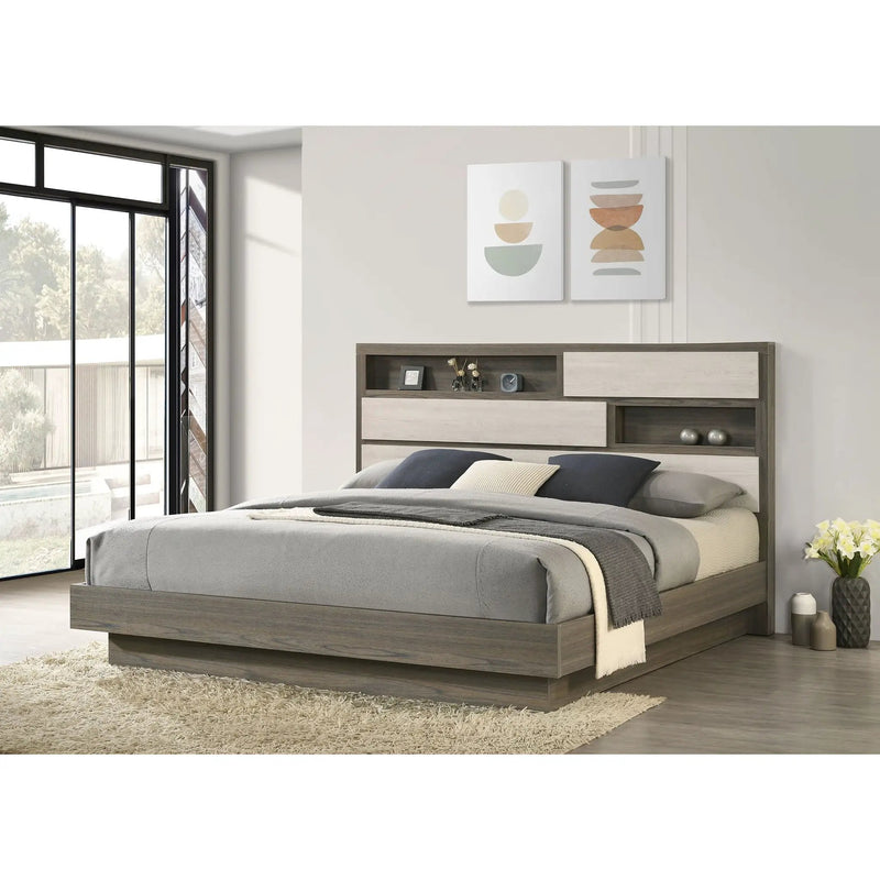 Eastern King Bed Bookcase Headboard With Hidden Storage - Oak
