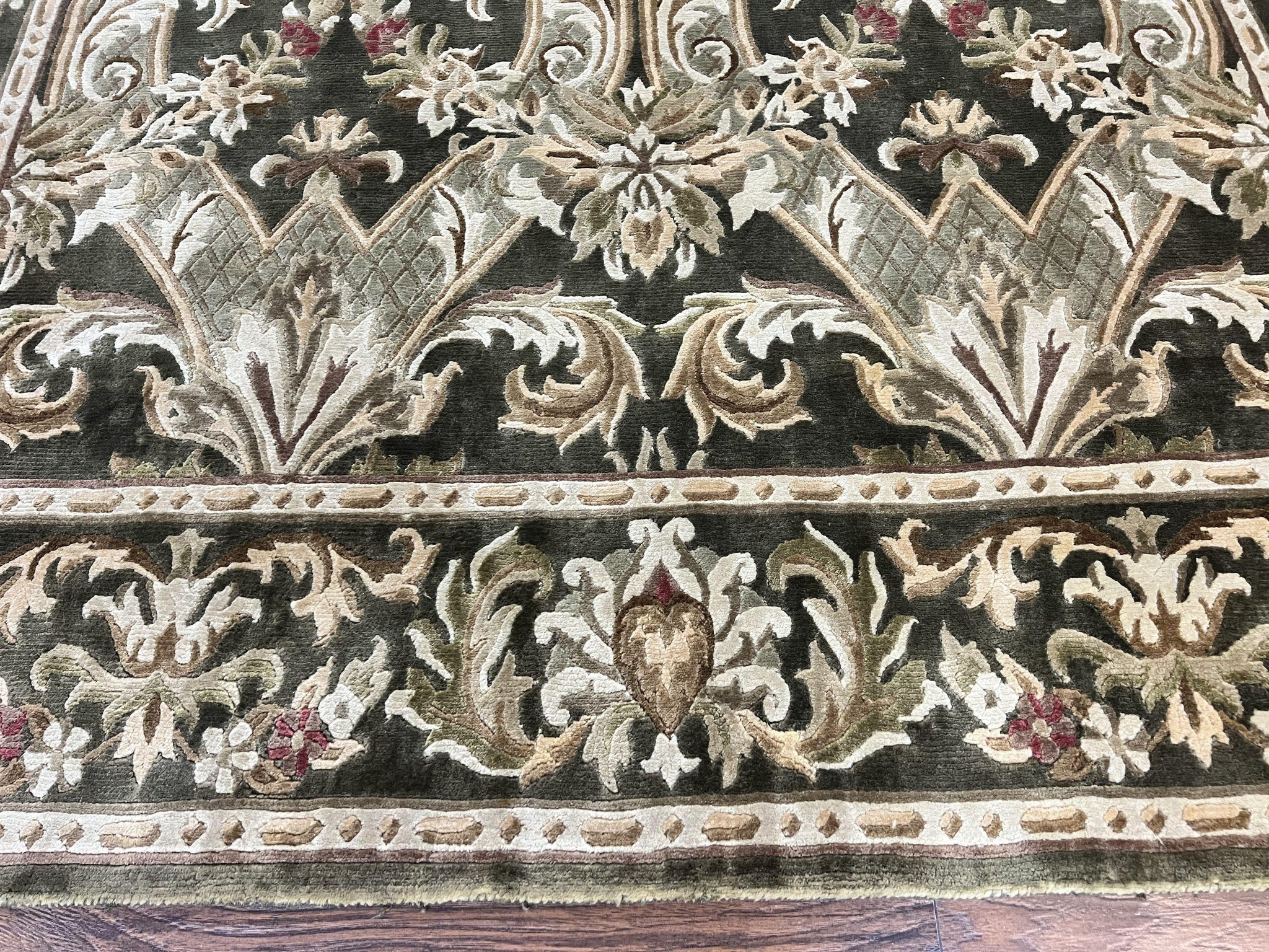 Tibetan Rug 8x10, European Design, Floral, Green, Handmade, Wool, Nepali Rug by Jewel Rugs