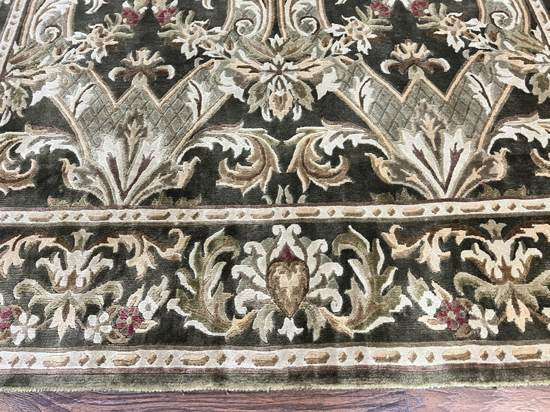 Tibetan Rug 8x10, European Design, Floral, Green, Handmade, Wool, Nepali Rug by Jewel Rugs