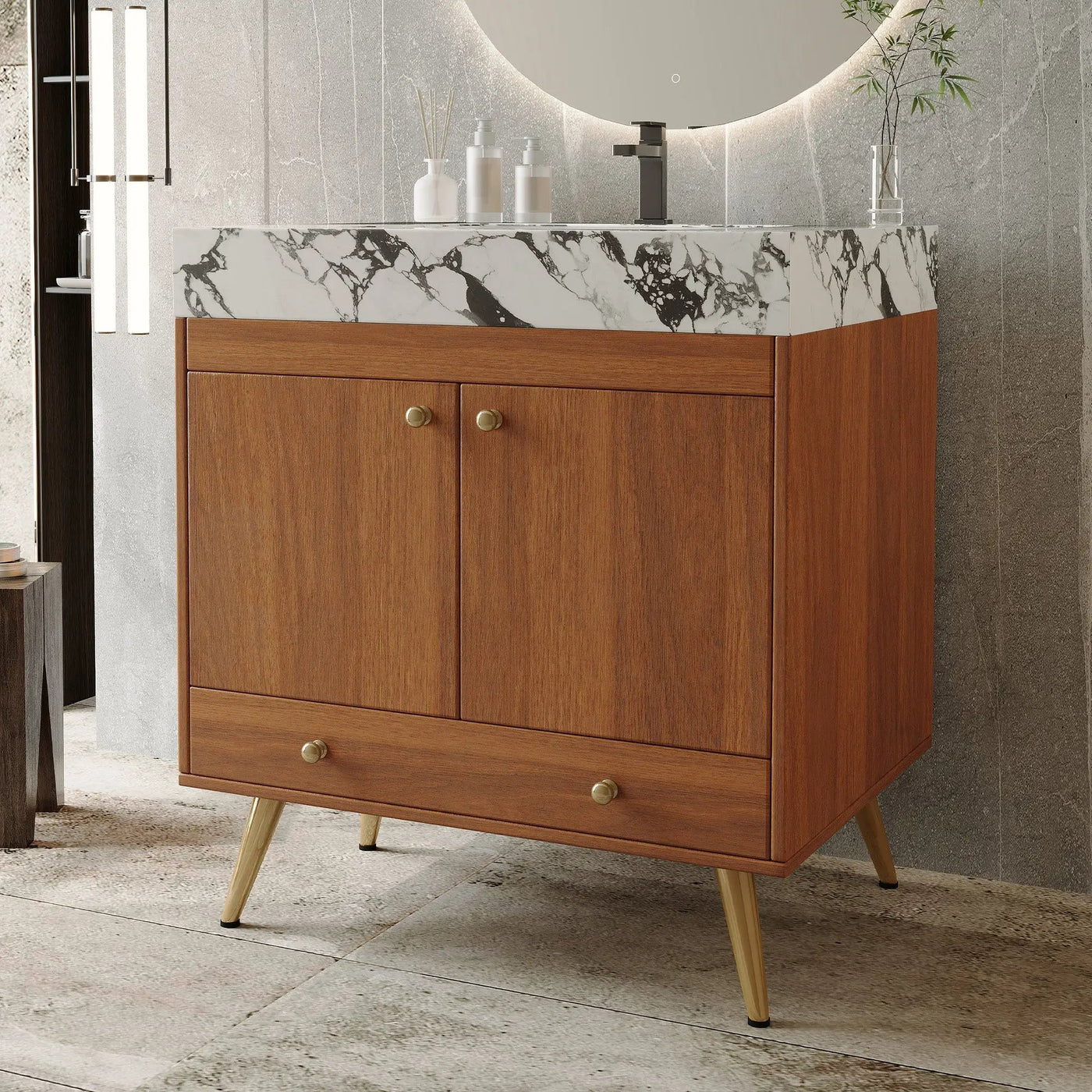 Mid-Century Free-Standing Bathroom Vanity with Faux Marble Top by HouseOfZazla
