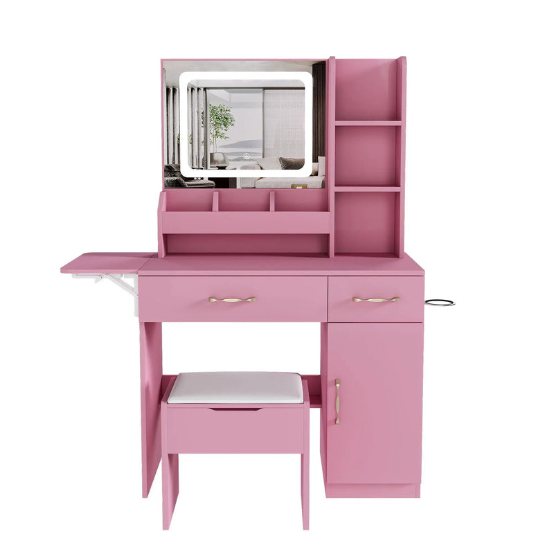Vanity Desk With LED Mirror Lights And Power Outlet Charging Station, 3 Drawers, 7 Shelves, Storage Stool - Pink by HouseOfZazla
