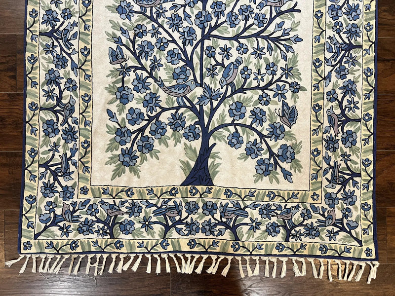 Tree of Life Indian Hand Stitched Rug 4x6, Indian Wall Hanging Rug, Ivory Blue, Silk on Cotton, Vintage by Jewel Rugs