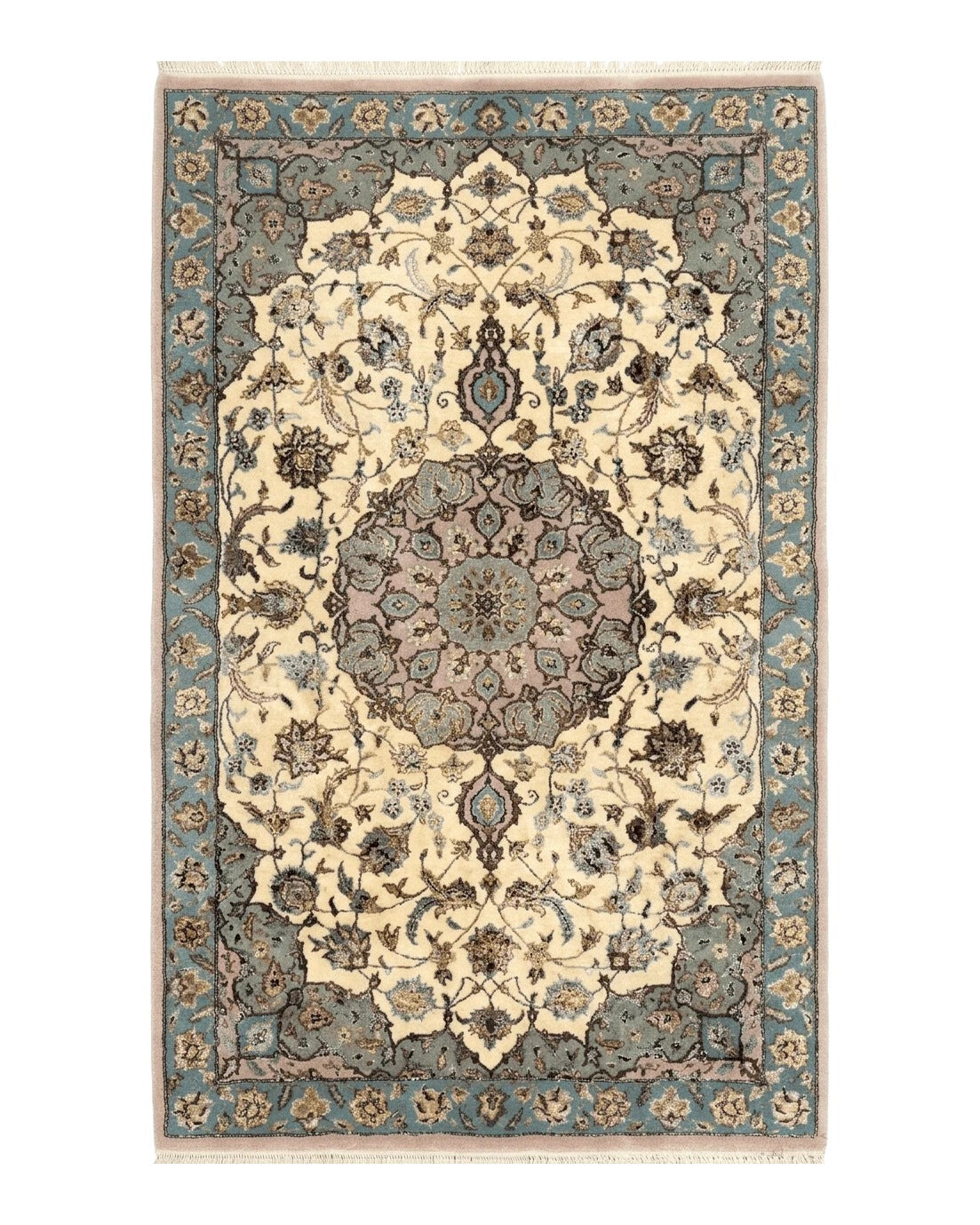 Persian Isfahan Rug 3x5, Fine 310 KPSI, Kork Wool Silk Foundation, Cream & Light Green by Jewel Rugs
