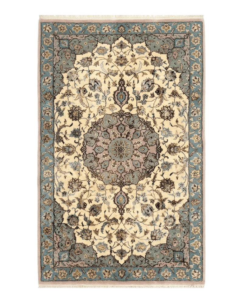 Persian Isfahan Rug 3x5, Fine 310 KPSI, Kork Wool Silk Foundation, Cream & Light Green by Jewel Rugs