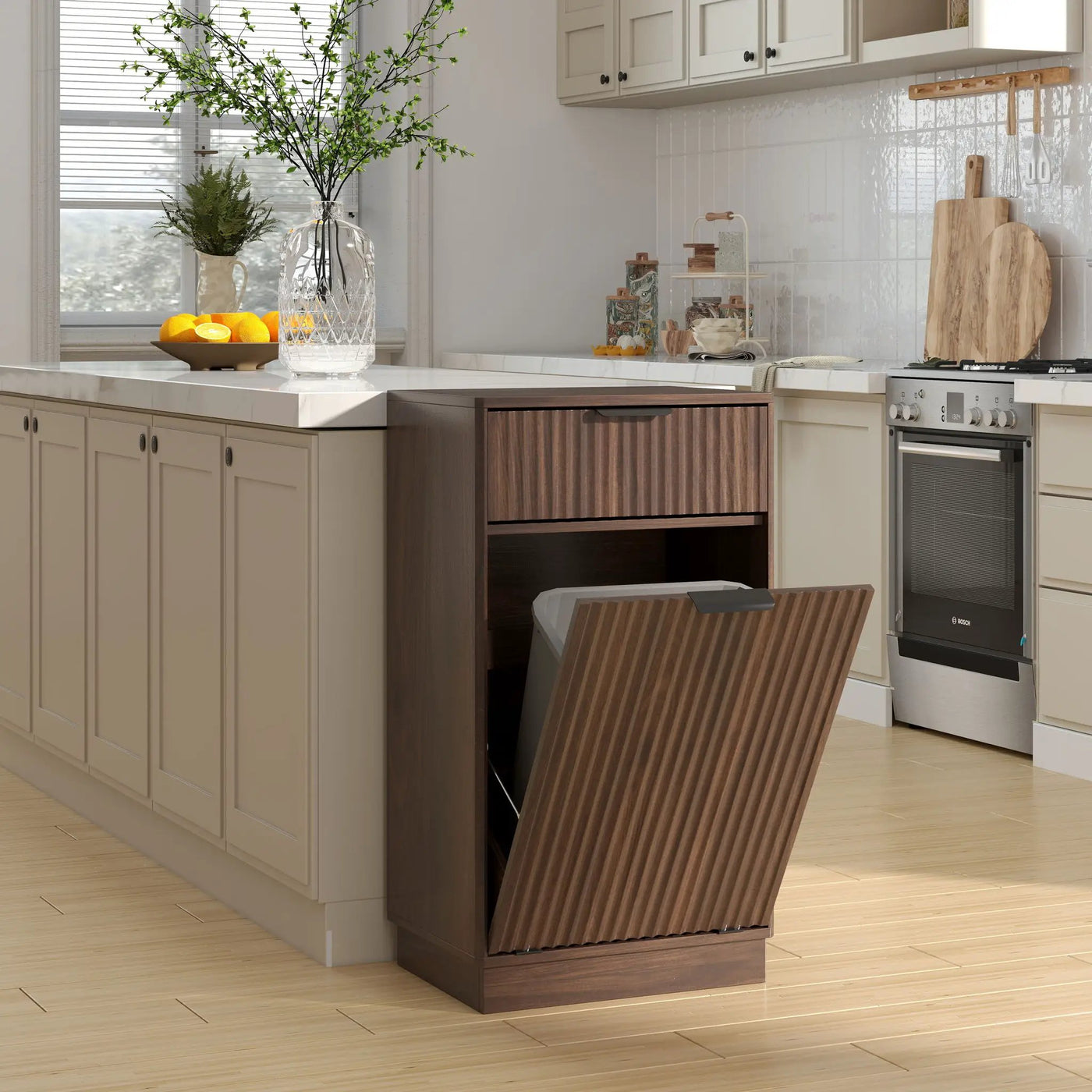 Tilt Out Trash Can Cabinet With Wave Textured Drawer & Pull Out Bin by HouseOfZazla