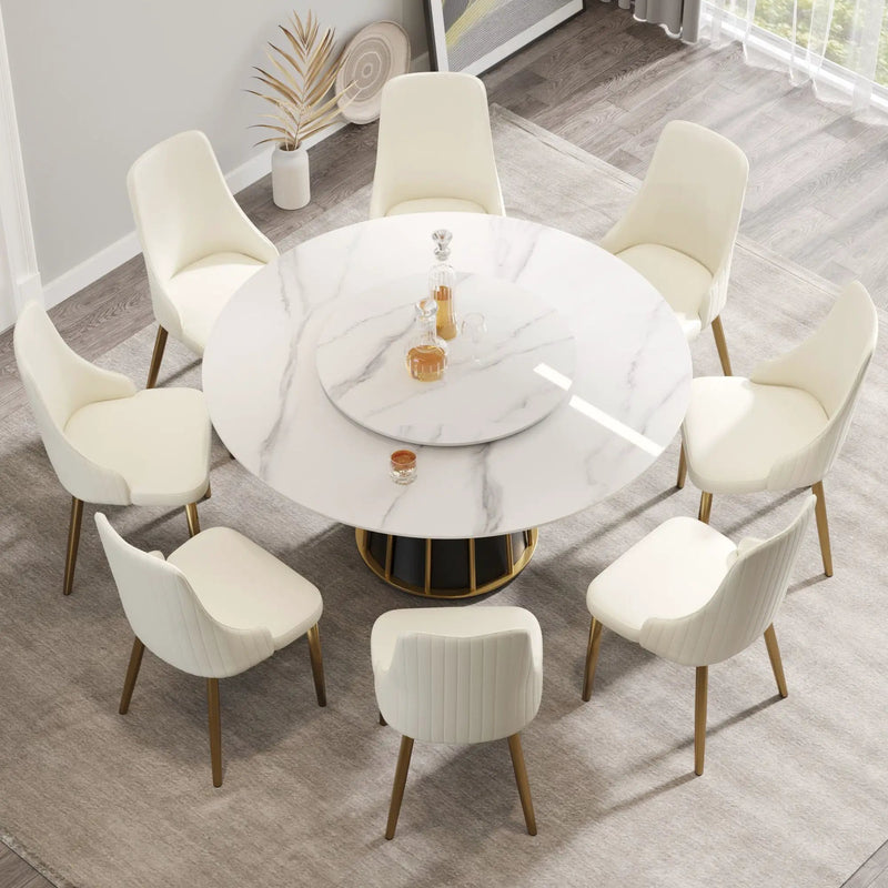 59.05" Modern Artificial Stone Round Panel Metal Iron Base Dining Table, Can Accommodate 8 People Artificial Stone Turntable (Not Including Chairs) - White / Black by HouseOfZazla