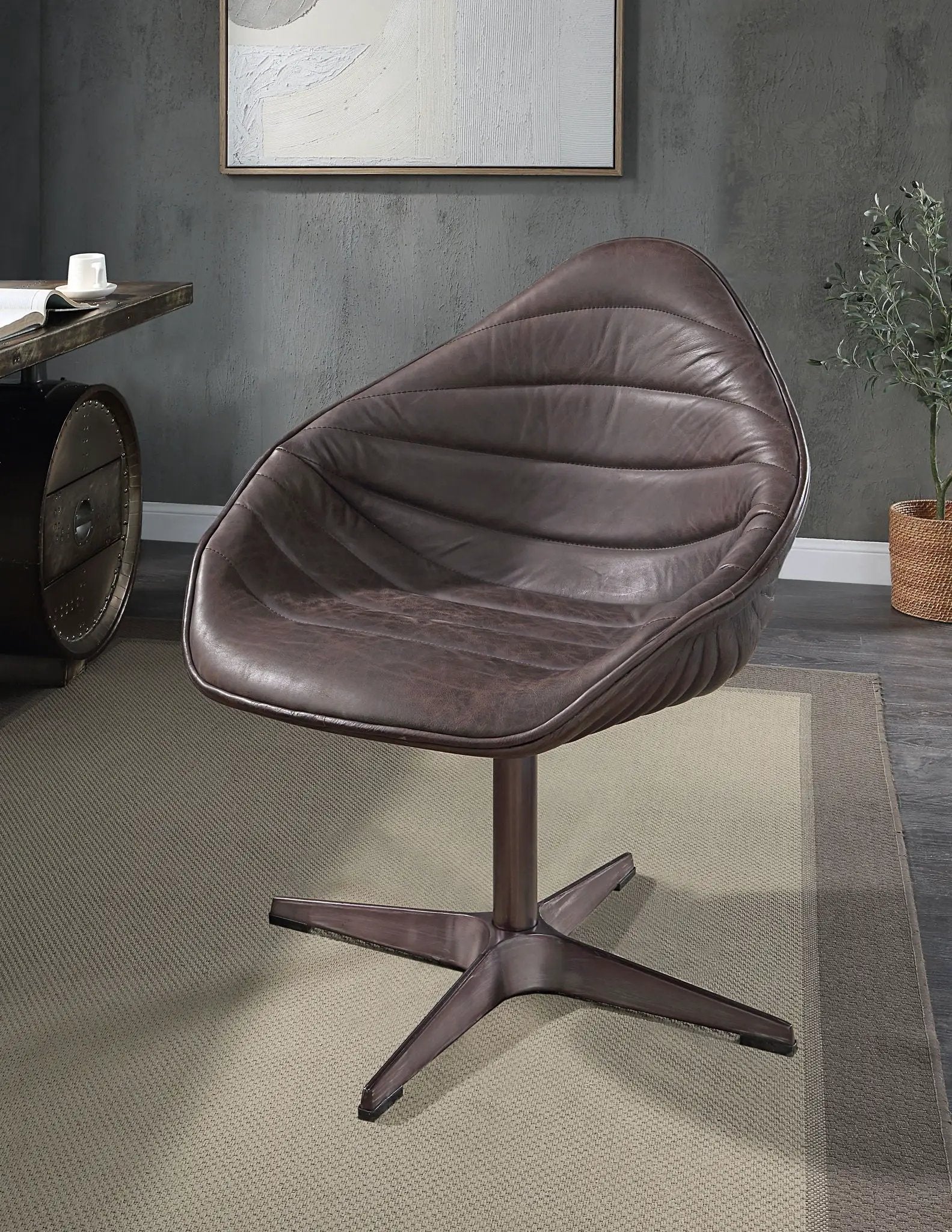 Pipino - Top Grain Leather Accent Chair With Swivel - Antique Ebony by HouseOfZazla
